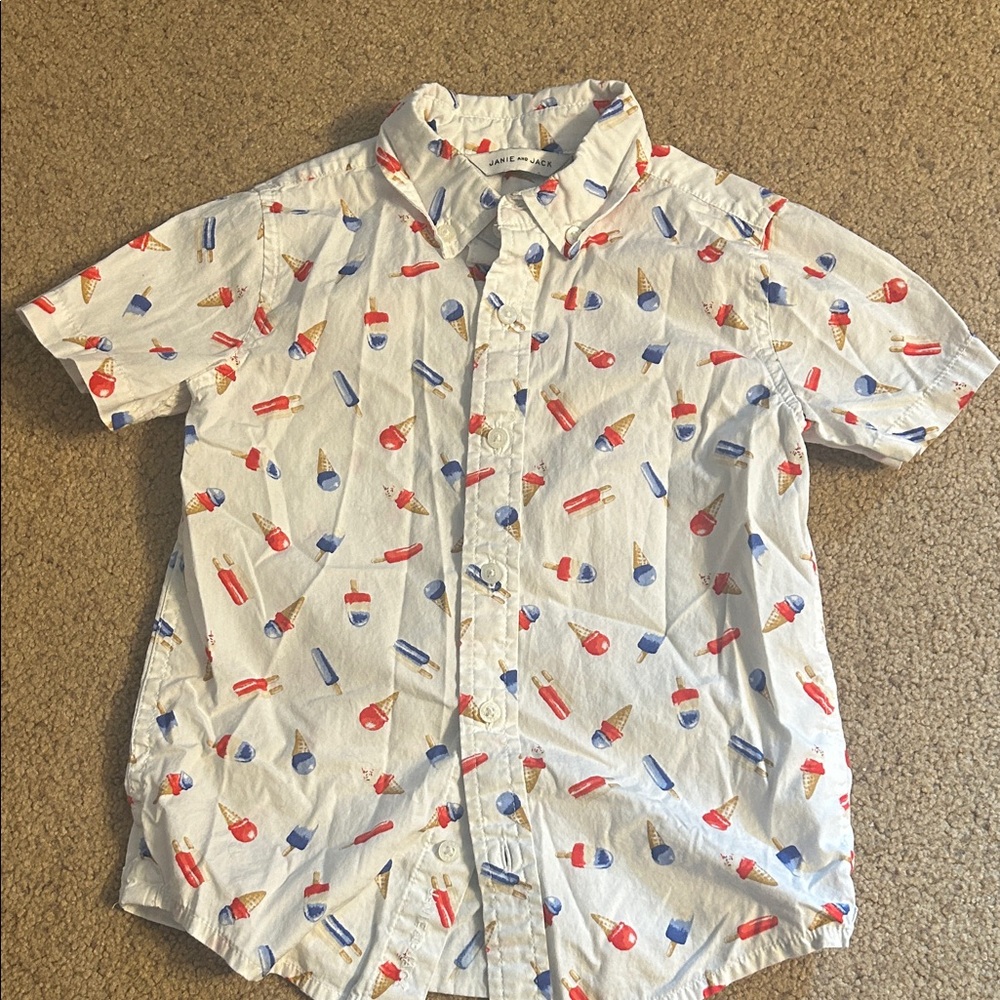 Janie and Jack White Short-Sleeve Button-Up with Red & Blue Ice Cream Print